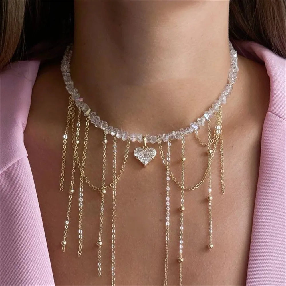 Fashion Vintage Tassels Zircon Heart Pendant Necklace for Women Female Boho Geometric Baroque Transparent Crystal Chain Jewelry