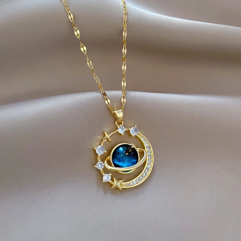 Stainless Steel Star Moon Planet Necklace Stylish Starry Sky Clavicle Chain Delicate Jewelry Gift for Women
