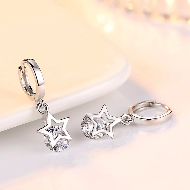 New 925 Sterling Silver Zircon Crystal Star Charm Stud Earrings Fine Jewelry