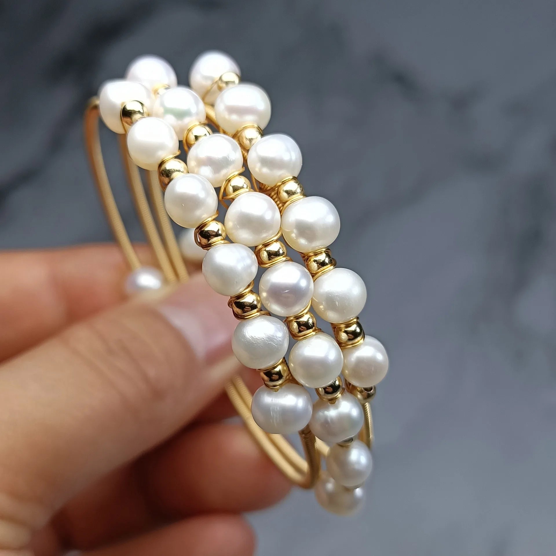 High Quality 100% Natural Freshwater Pearl 14K Gold Filled Three Layers Bangle Bracelet