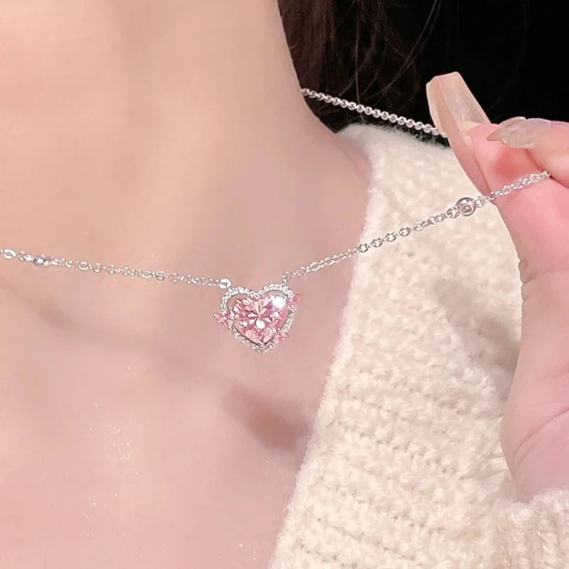 Fine 925 Sterling Silver Zircon Heart Pendant Necklace Designer Jewelry