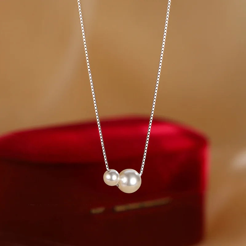 Fine 925 Sterling Silver 18k Gold Plated Two Pearl Pendant Necklace Jewelry