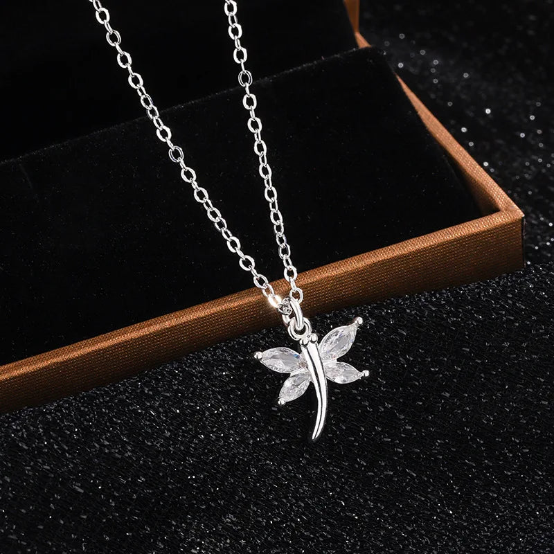 Fine 925 Sterling Silver Crystal Dragonfly Pendant Exquisite Necklace