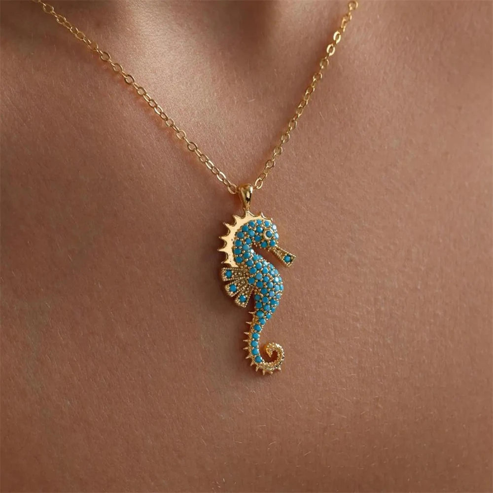 Turquoise Seahorse Pendant Necklace for Women 18K Gold Plated Stainless Steel Ocean Animal Choker Boho Summer Beach Jewelry Gift