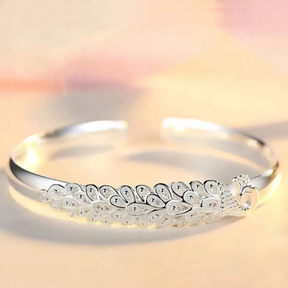 New 925 Sterling Silver Elegant Peacock Opening Bangle Bracelet Jewelry