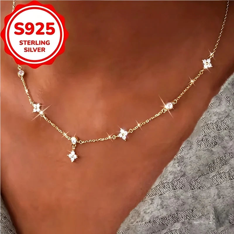 S925 Sterling Silver 14K Gold Plated CZ Choker Necklace Dainty Starburst Chain Jewelry