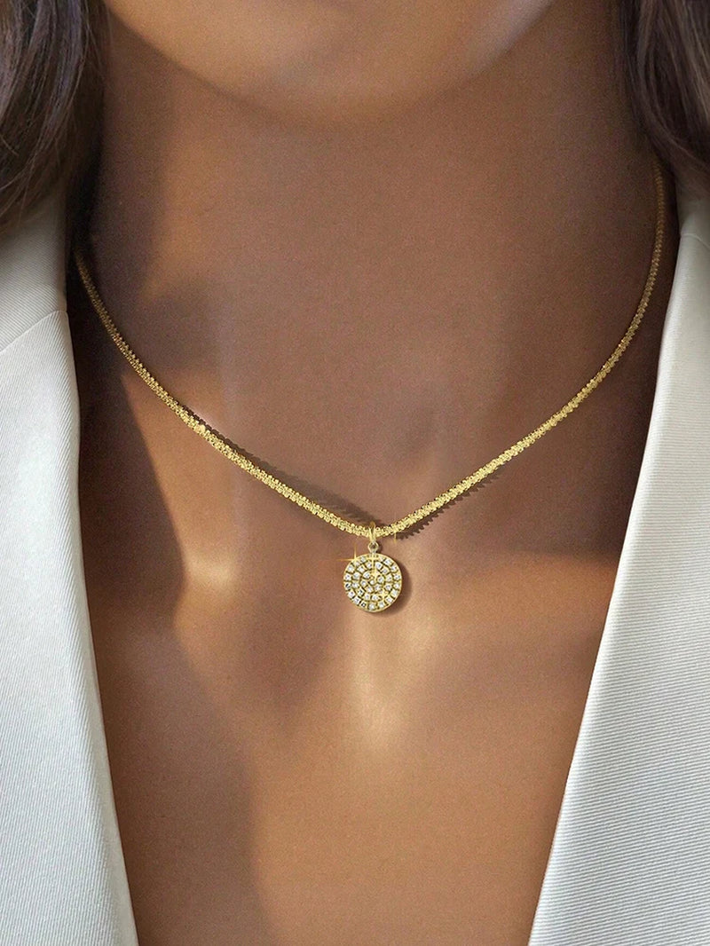 Fine 925 Sterling Silver 18k Gold Plated Simplicity Classic Zircon round Necklace Fine Jewelry
