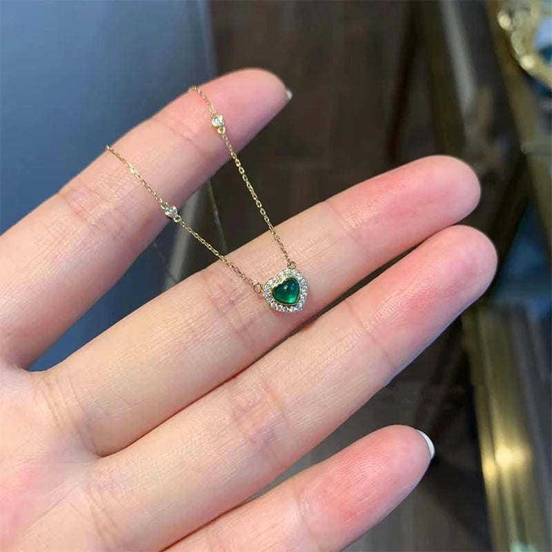 925 Sterling Silver 18k Gold Plated Emerald Zircon Love Necklace French Vintage Collar Chain Luxury Jewelry