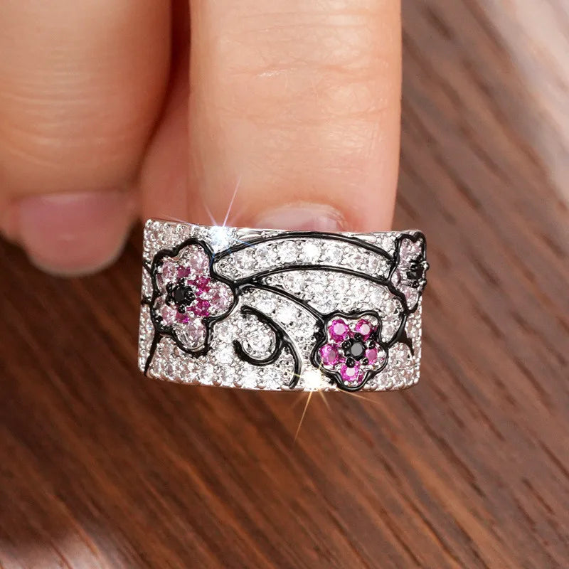 925 Sterling Silver Sparkling Zircon Amethyst Flower Design Ring Fine Jewelry