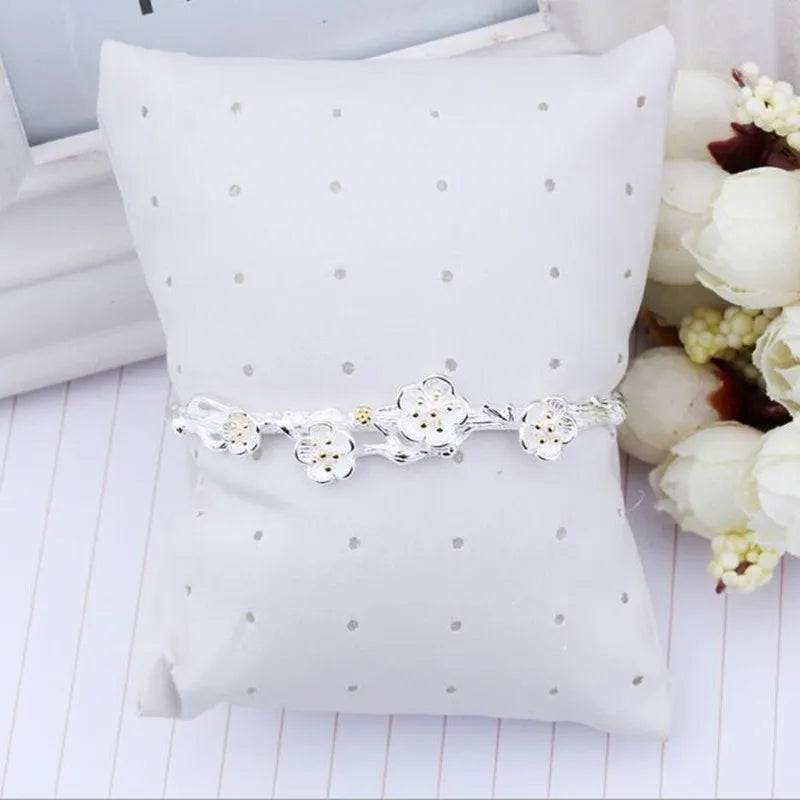 New 925 Sterling Silver Jewelry Exquisite Cherry Flower Blossom Branches Bracelet