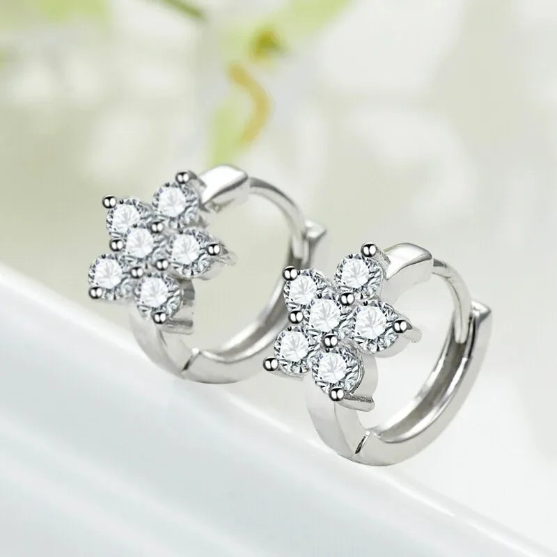 New 923 Sterling Silver Charming Snowflake Pure Zircon Hoop Earrings Fine Jewelry