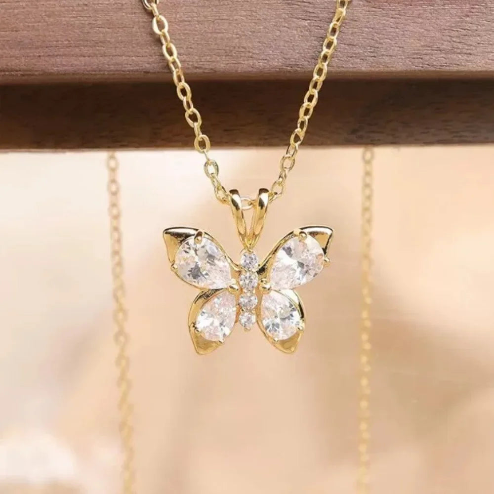 Stainless Steel Pink Zircon Crystal Pendant Butterfly Necklace Chain Gold Silver Color Necklace Jewelry