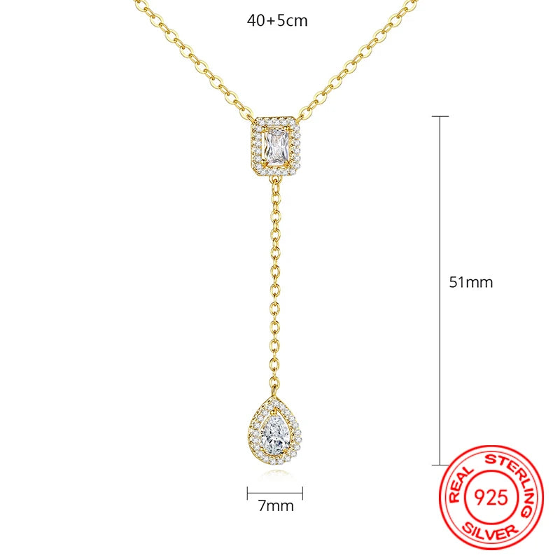 925 Sterling Silver 18K Gold Water Drop Zircon Long Chain Fashion Charm Jewelry