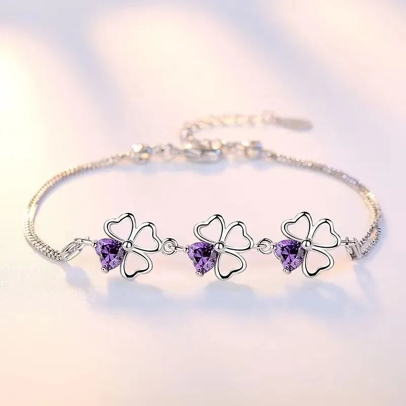 NEW Fine 925 Sterling Silver Purple Zircon Crystal Lucky 4 Leaf Clover Bracelet