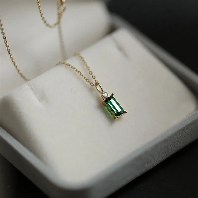 925 Sterling Silver 18k Gold Plated European Simple Square Emerald Zircon Crystal Pendant Clavicle Chain Necklace