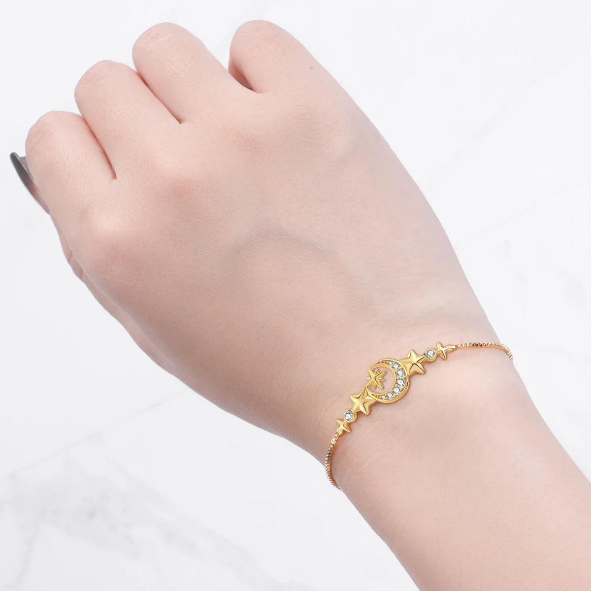 S925 Sterling Silver 18K Gold Plated Star Moon Bracelet Fine Jewelry