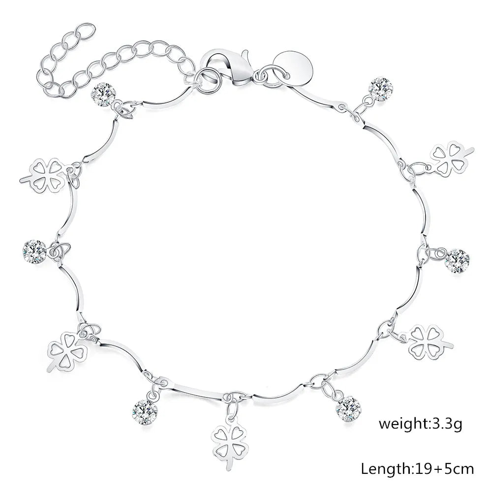 New 925 Sterling Silver Lucky 4 Leaf Clover Pure Zircon Chain Bracelet Fine Jewelry