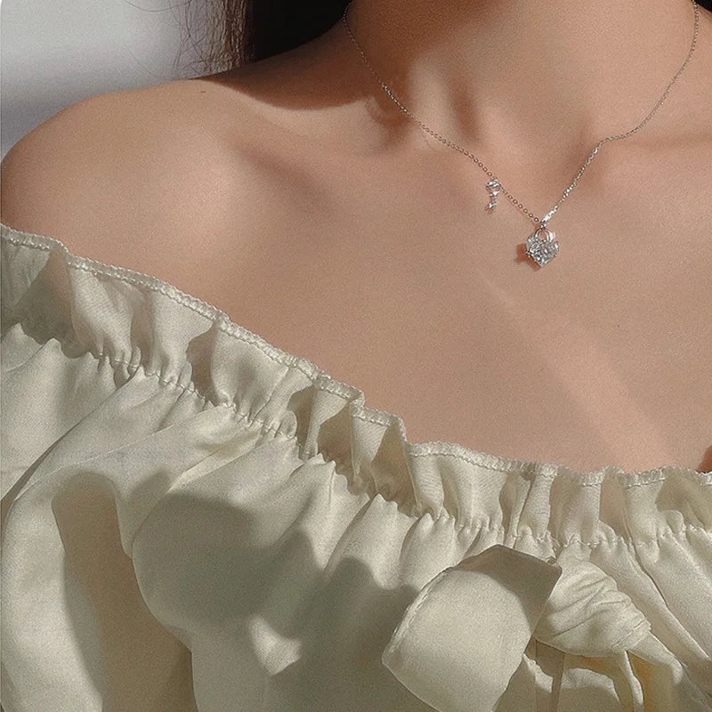 Fine 925 Sterling Silver Heart Shape Necklace Charm Geometric Shape Pendant Choker Jewelry