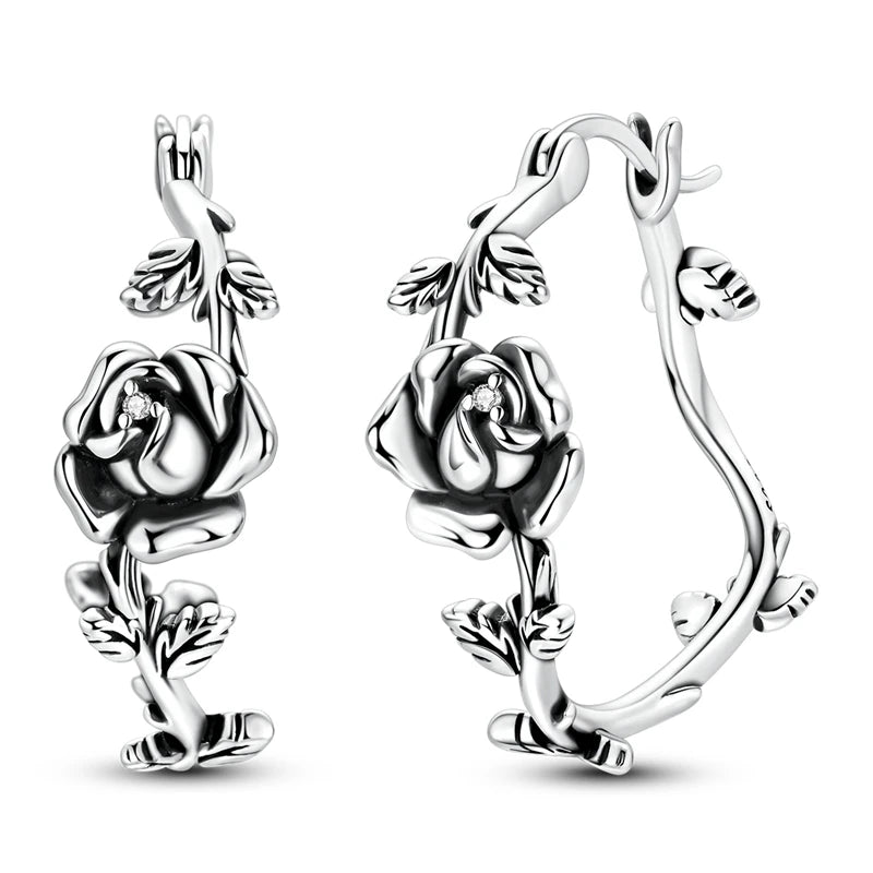 New 925 Sterling Silver 18k Gold Plated CZ Rose Hoop Earring Vintage Twisted Rose Vine Fine Jewelry