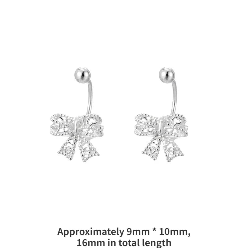 Real 925 Sterling Silver Bow Screw Buckle Puncture Stud Earrings Fine Jewelry Minimalist