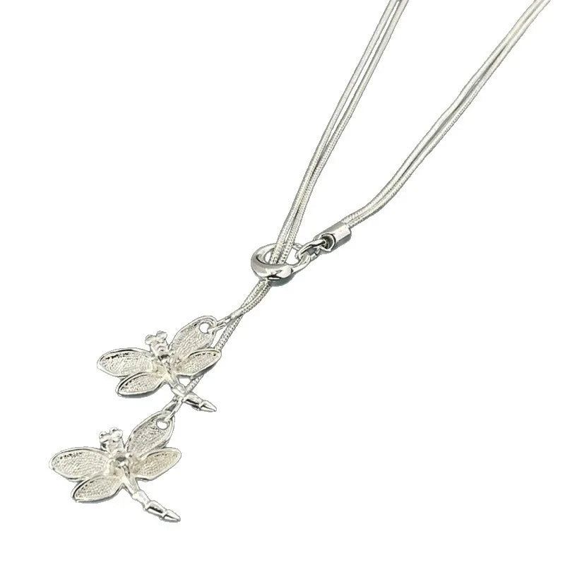 925 Sterling Silver Two Dragonfly Pendant Necklace for Women Snake Chain Necklace Jewelry