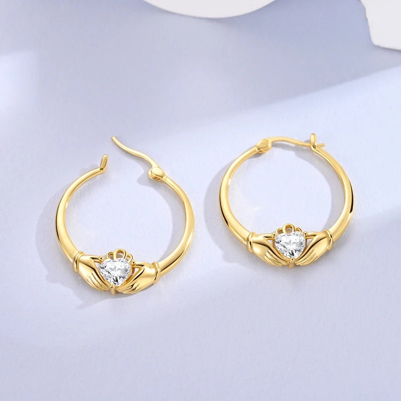 New 925 Sterling Silver Pure Zircon 18k Gold Plated Heart Hoop Earrings Fine Jewelry