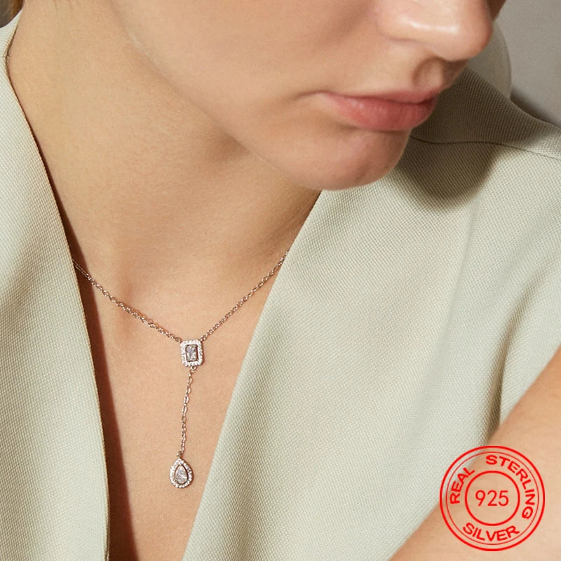 925 Sterling Silver 18K Gold Water Drop Zircon Long Chain Fashion Charm Jewelry