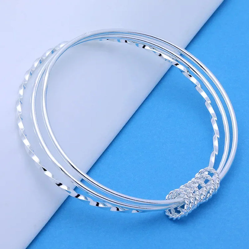 Pure 925 Sterling Silver Fine Three Circles Bangle Bracelet Jewelry