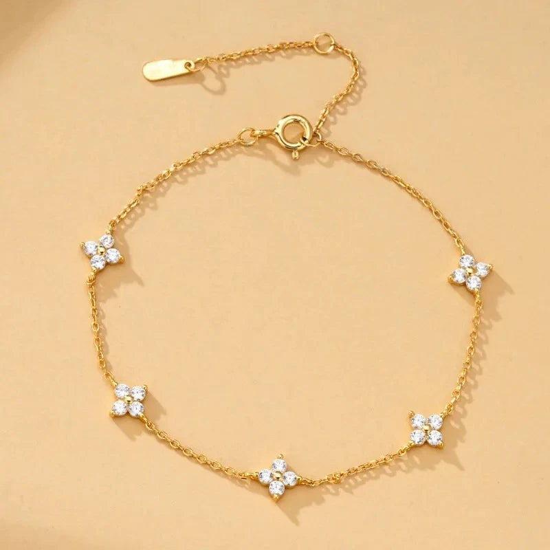 925 Silver Plated Cubic Zirconia Four Leaf Clover Bracelet for Women Adjustable Chain Jewelry 18K Gold Plated Fashion Accessory