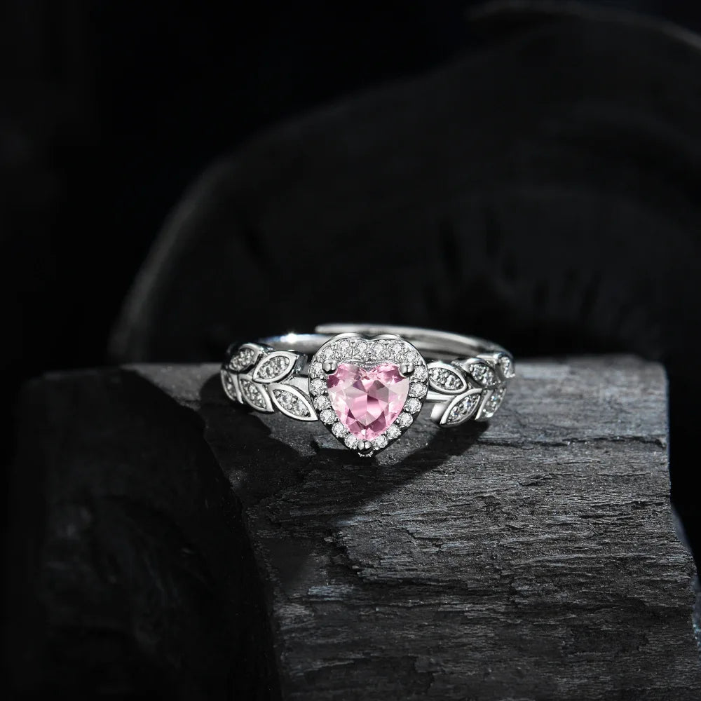 925 Sterling Silver Ring Shining Pink Heart Zircon Fine Jewelry