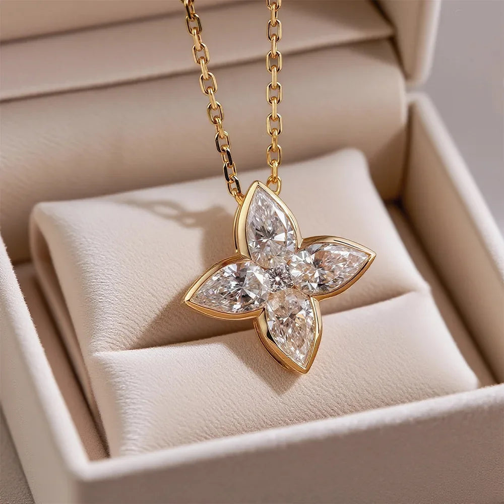 Exquisite S925 Sterling Silver Full Moissanite Pendant Necklace Flower Pear/Round Cut Diamond Neck Chain Jewelry