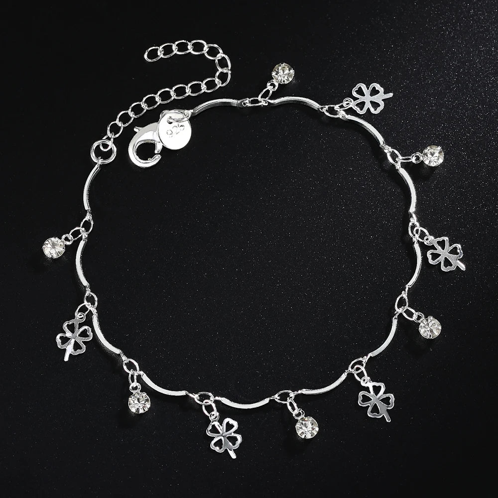 New 925 Sterling Silver Lucky 4 Leaf Clover Pure Zircon Chain Bracelet Fine Jewelry