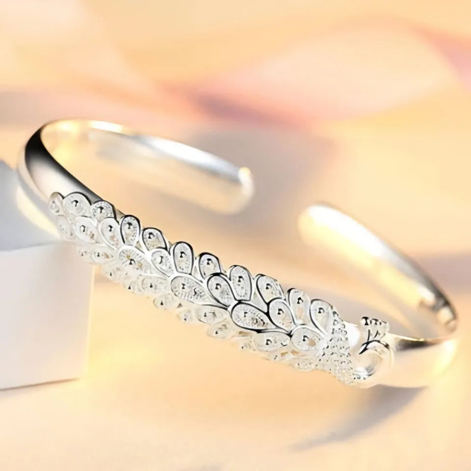 New 925 Sterling Silver Elegant Peacock Opening Bangle Bracelet Jewelry
