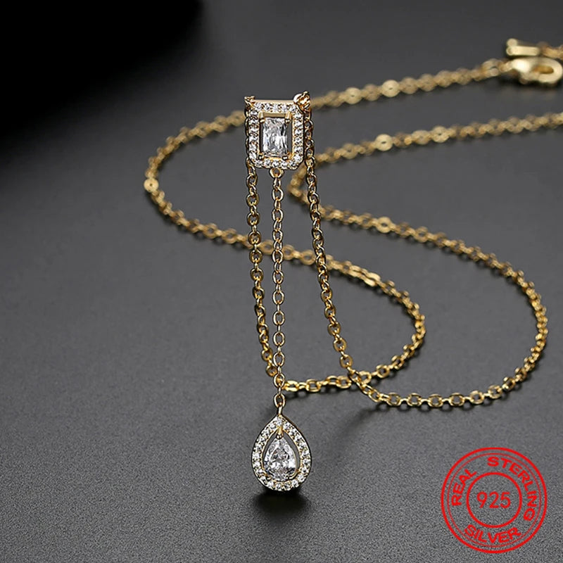 925 Sterling Silver 18K Gold Water Drop Zircon Long Chain Fashion Charm Jewelry