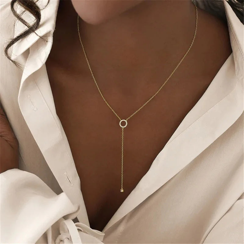 S925 Sterling Silver Double-Deck Circle Zircon Pendant Long O-Chain Choker Necklace Fine Jewelry