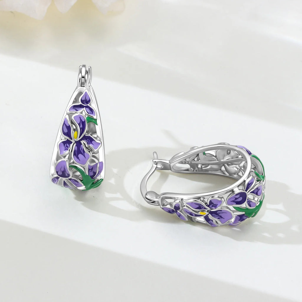 New S925 Sterling Silver Pure Zircon Blue Purple Flower Iris Earrings Fine Jewelry