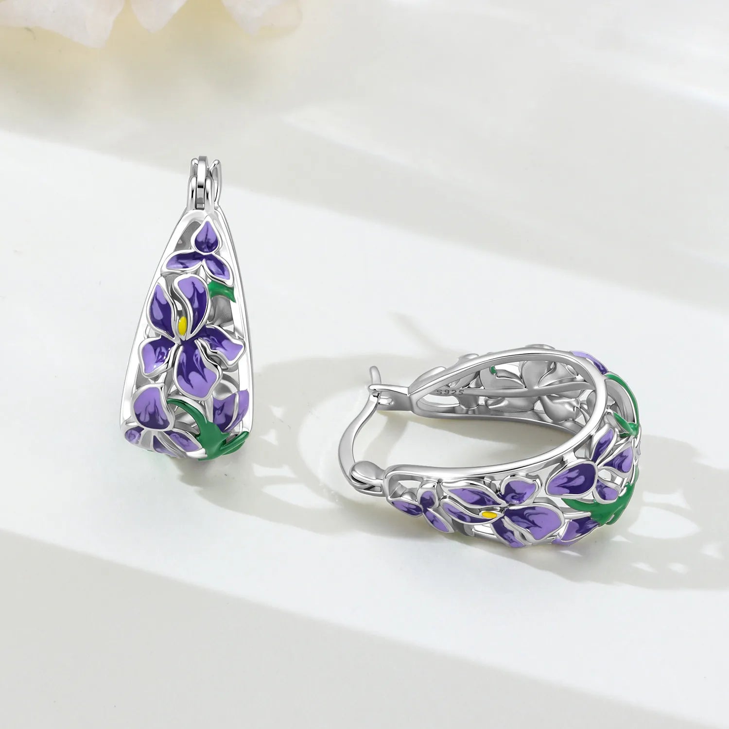New S925 Sterling Silver Pure Zircon Blue Purple Flower Iris Earrings Fine Jewelry
