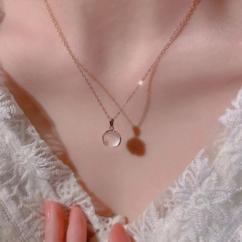 925 Sterling Silver round Pendant Necklace with Pink Crystal Elegant Choker Jewelry