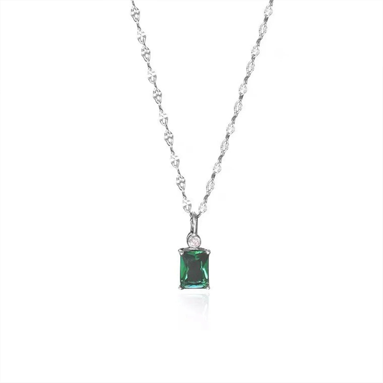 Fine 925 Sterling Silver Square Emerald Green Synthetic Zircon Necklace