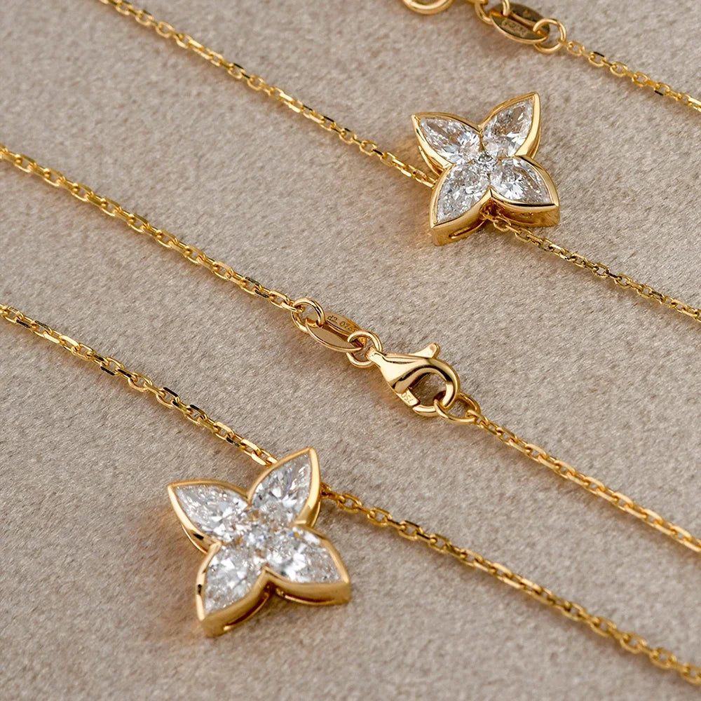 Exquisite S925 Sterling Silver Full Moissanite Pendant Necklace Flower Pear/Round Cut Diamond Neck Chain Jewelry