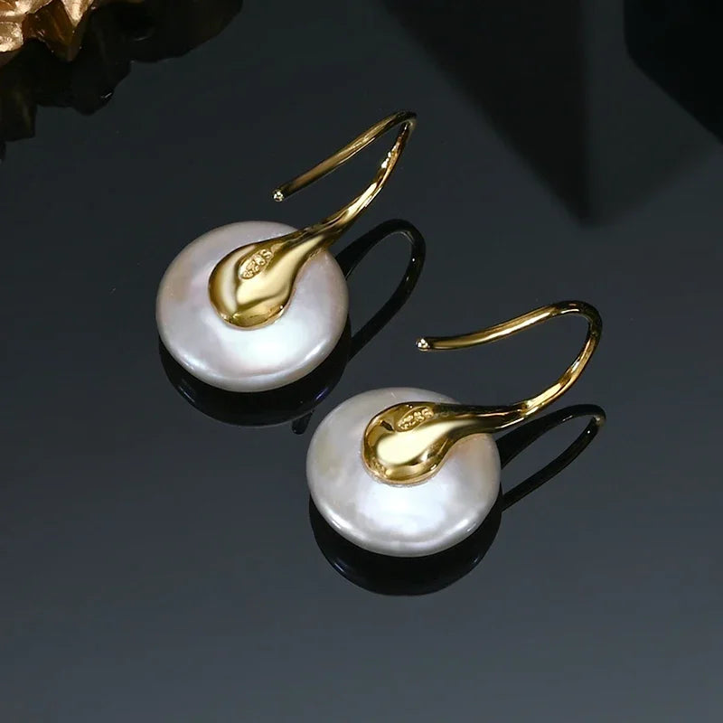 Natural Freshwater 11-13Mm White Button Shape Baroque Pearl Earring 925 Sterling Silver Ear Hook Jewelry