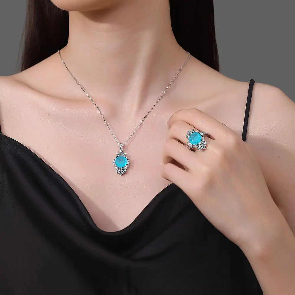 Neew 925 Sterling Silver Pure Zircon Paraiba Tourmaline Pendant Necklace Fine Jewelry