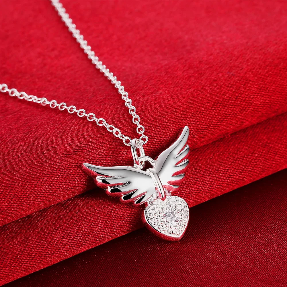 925 Sterling Silver 18 Inches Zircon Elegant Heart Wings Pendant Necklac Jewelry