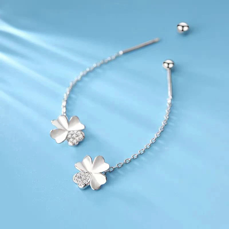 New 925 Sterling Silver Stamp Pure Zircon 4 Leaf Clover Chain Tassel Earrings Fine Jewelry