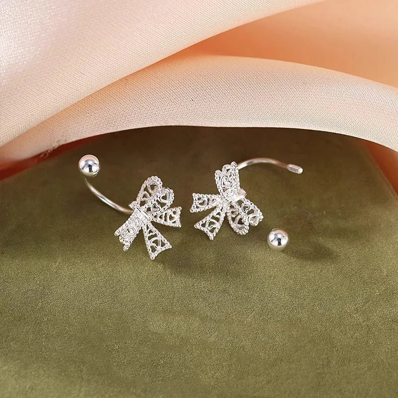 Real 925 Sterling Silver Bow Screw Buckle Puncture Stud Earrings Fine Jewelry Minimalist