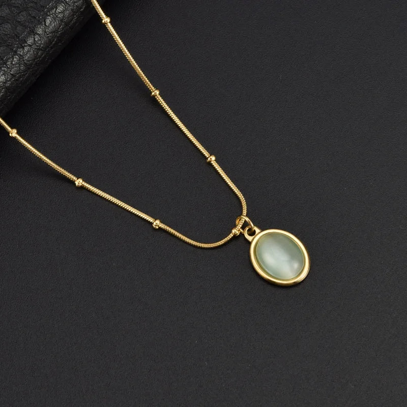 925 Sterling Silver Oval Sea Blue Pendant Necklace Exquisite Cat Eye Stone Lock Bone Chain Jewelry