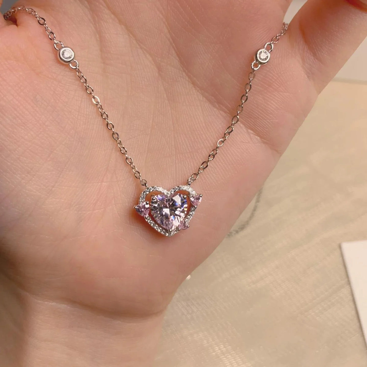 925 Sterling Silver Pink Zircon Crystal Heart Pendant Necklace