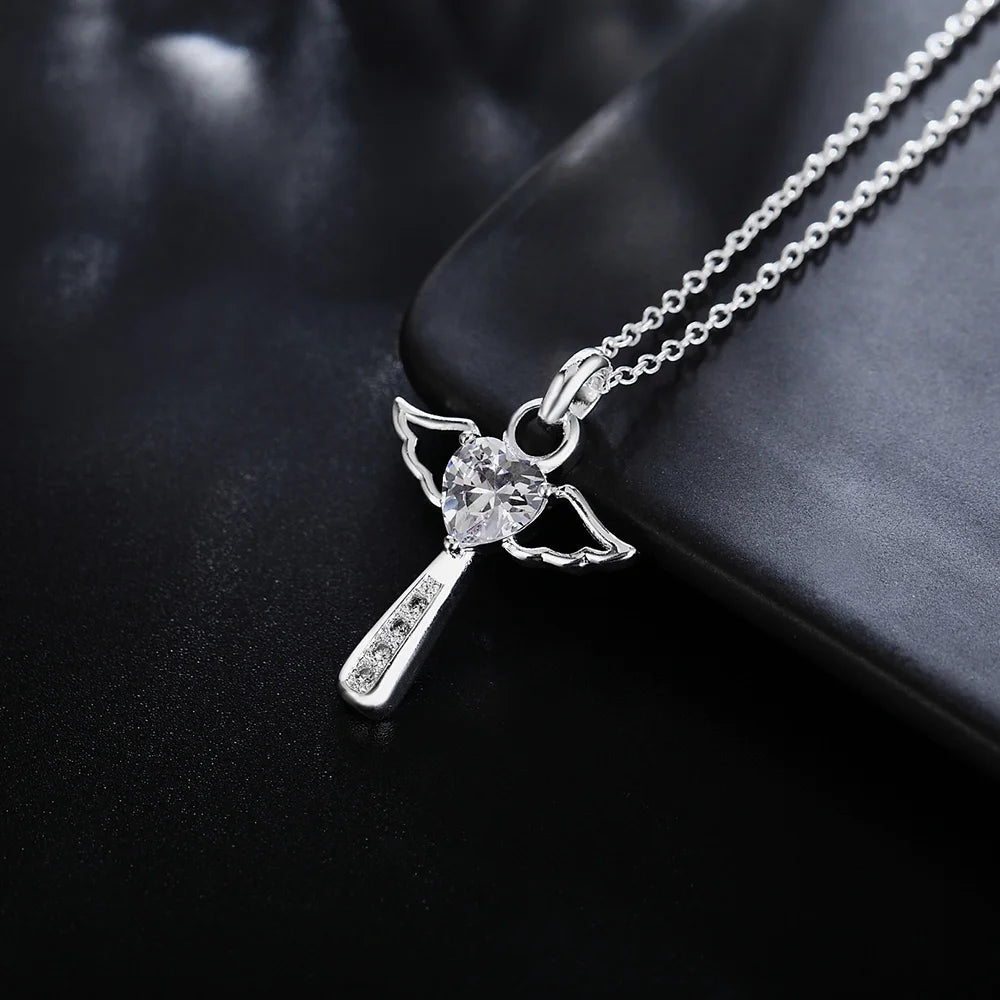 Fine 925 Sterling Silver Angel Noble Crystal Cross Pendants Necklace Jewelry