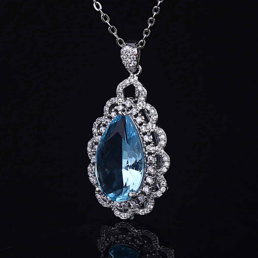  New 925 Sterling Silver Luxury Inlaid Navy Blue Topaz Water Drop Pendant Necklace Fine Jewelry