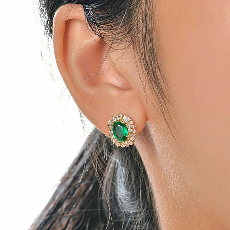 New 925 Sterling Silver 18k Gold Plated Oval Green Cubic Zircon Earrings Luxury Jewelry